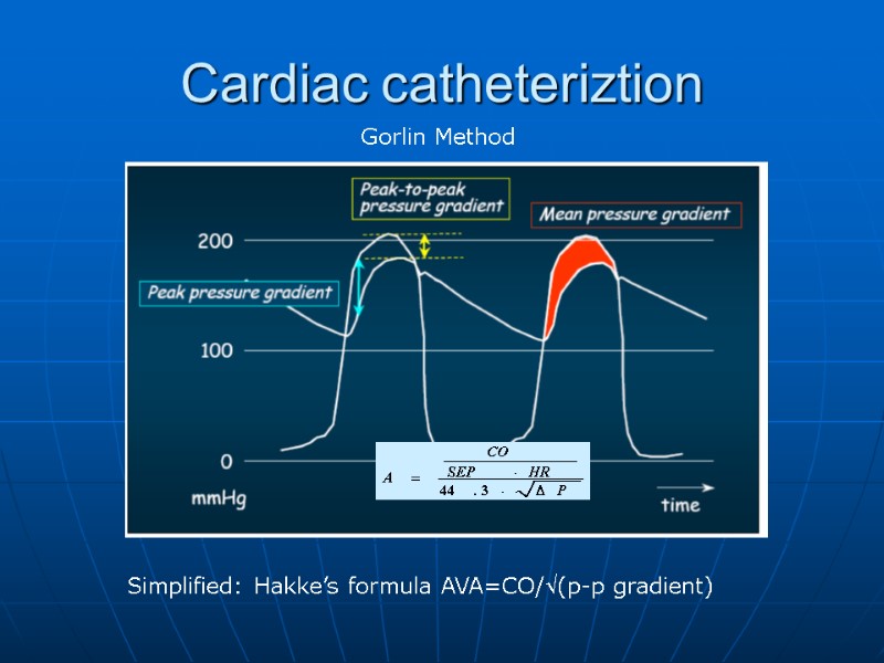 Cardiac catheteriztion Gorlin Method Simplified: Hakke’s formula AVA=CO/(p-p gradient)